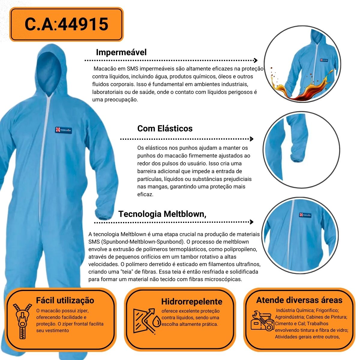 Macacão de Segurança em TNT Respirável para Pintura e Riscos Químicos - Teknoluvas - Imagem 2